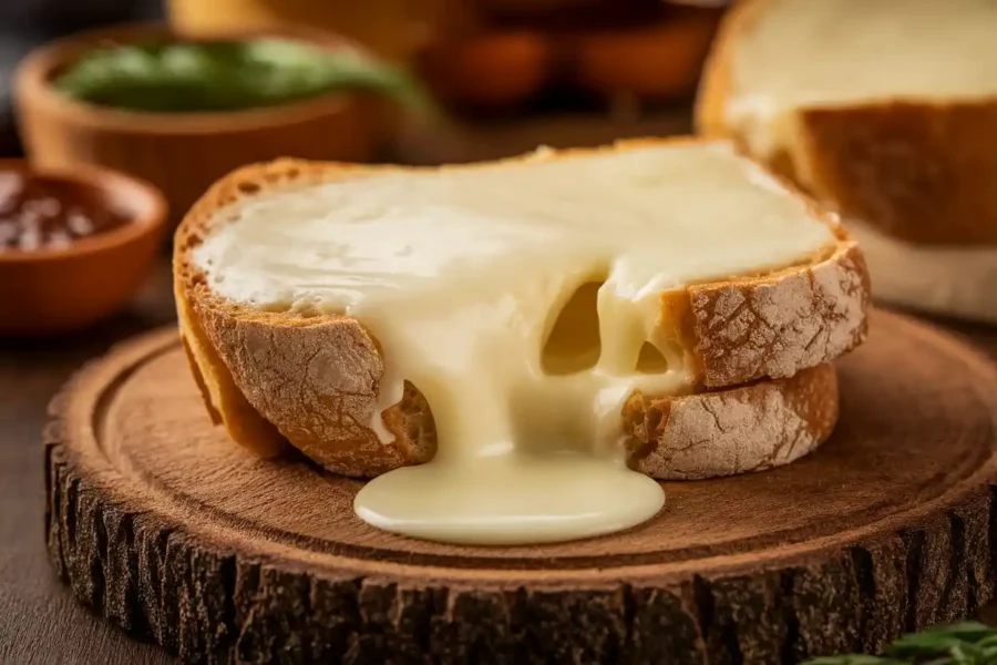 Melted Fontina cheese on bread with herbs