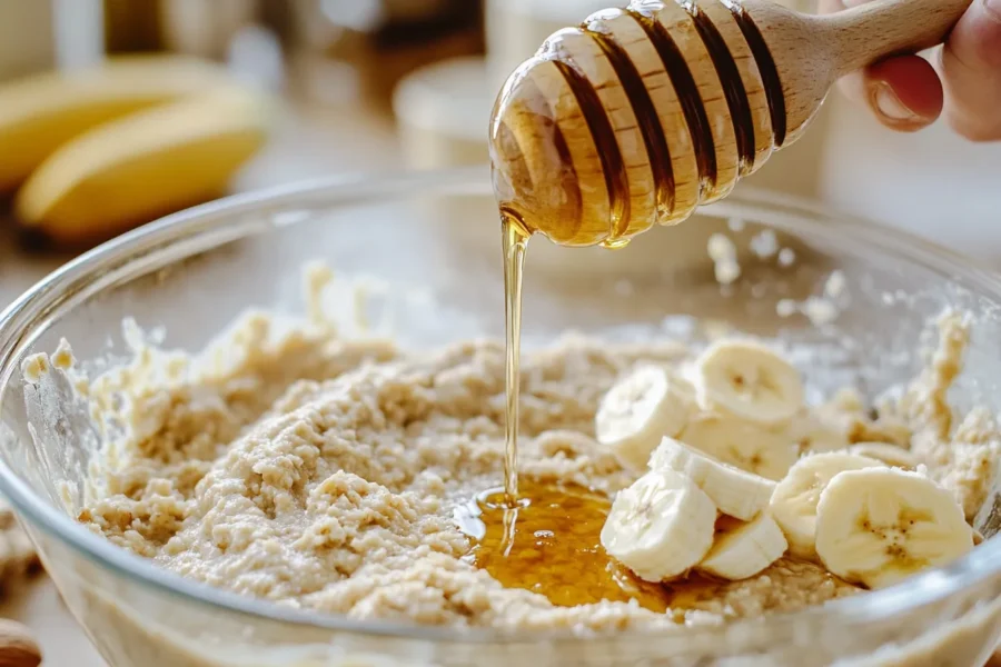 Mixing mashed bananas, oats, and eggs to make banana bread batter