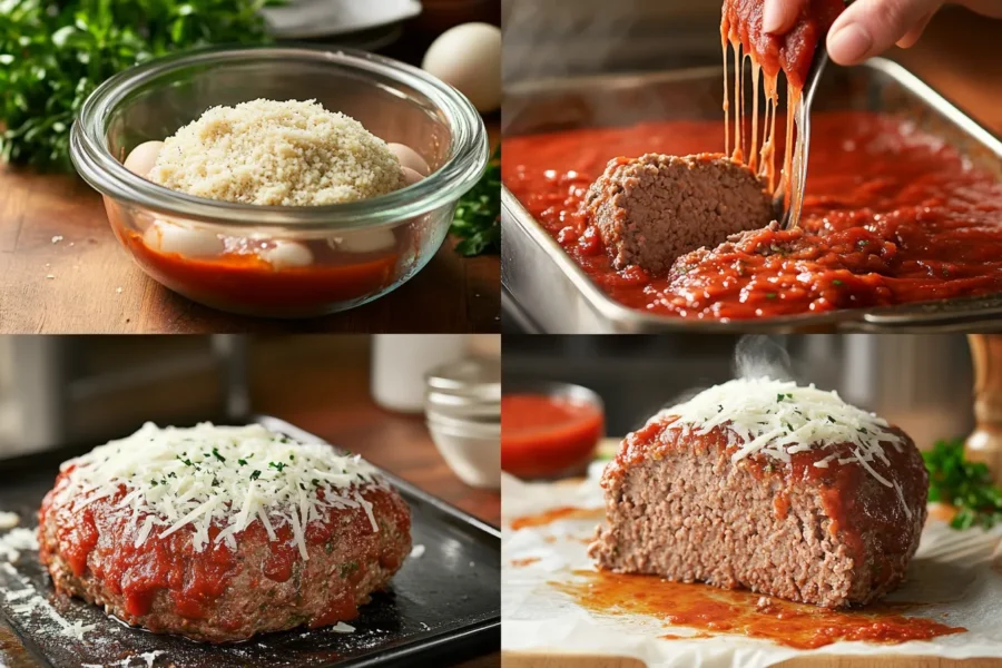 A collage showing the process of mixing, shaping, glazing, and slicing Italian meatloaf.