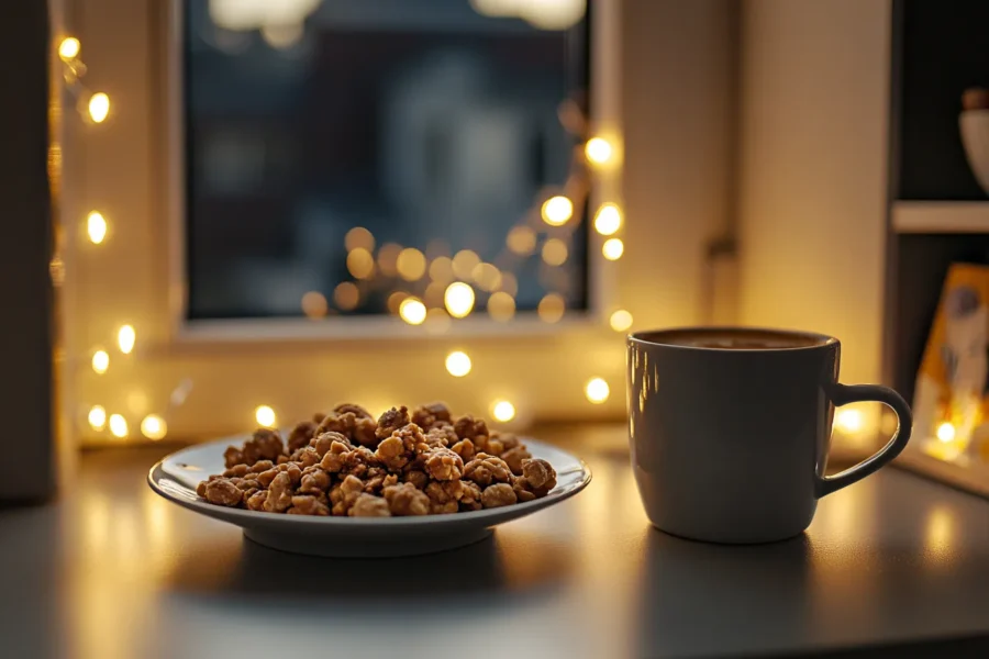 Peanut clusters served with a cup of coffee in a cozy setting