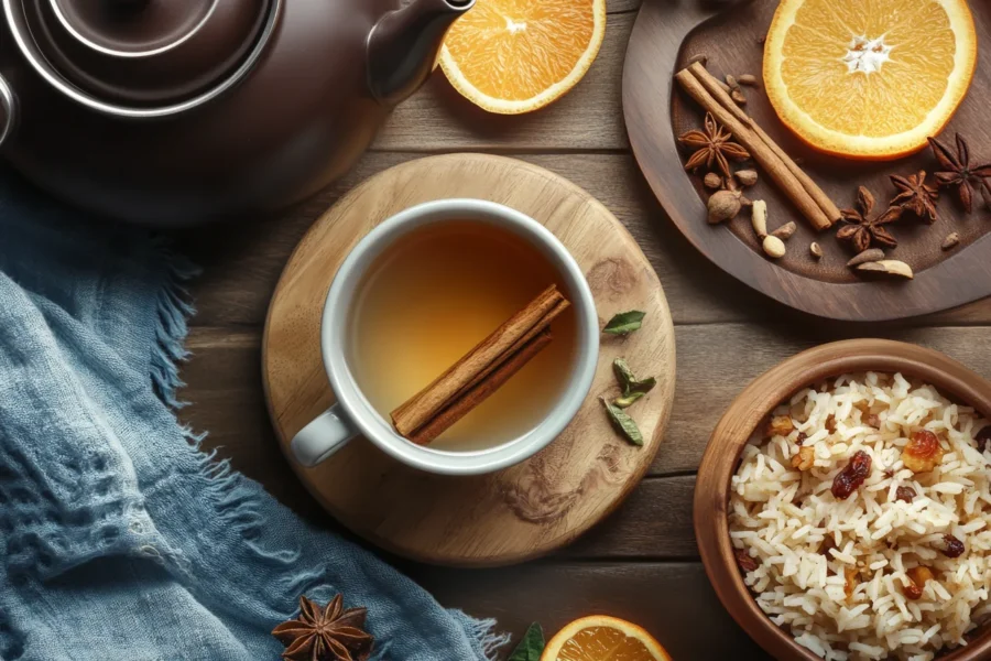 A warm, inviting scene displaying a cup of cinnamon tea, a pot of simmering spices, and a bowl of cinnamon-infused rice