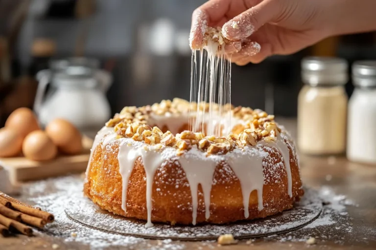 A freshly baked donut cake with vanilla glaze and crushed nuts, presented on a wooden surface.
