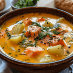 A bowl of salmon soup with tender salmon and fresh vegetables