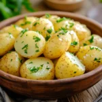 A bowl of tender steamed potatoes garnished with fresh parsley
