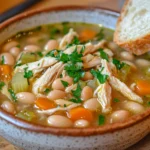 A rustic bowl of chicken and bean soup with fresh herbs and bread.