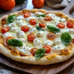 A freshly baked ricotta pizza with basil and cherry tomatoes on a wooden board
