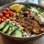 A colorful Mediterranean rice bowl with fresh vegetables, feta, and tzatziki.