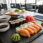 A plate of nigiri sushi and sashimi with condiments