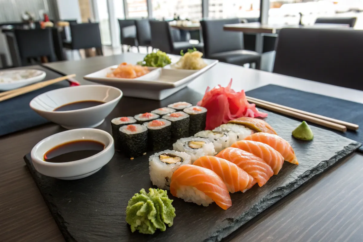 A plate of nigiri sushi and sashimi with condiments