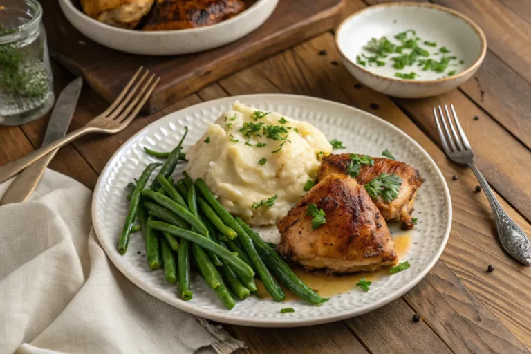 Roasted chicken with mashed potatoes and green beans on a rustic table