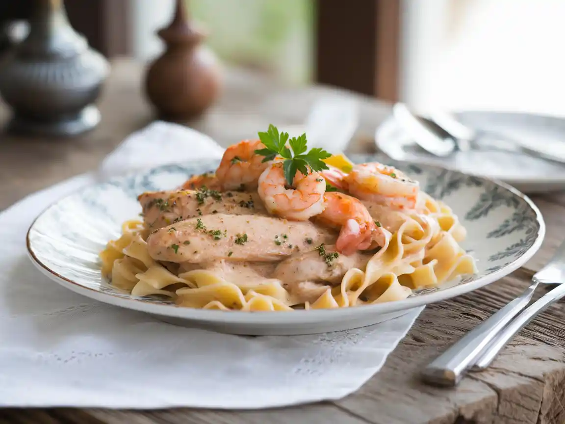 Chicken and shrimp Alfredo with fettuccine and parsley