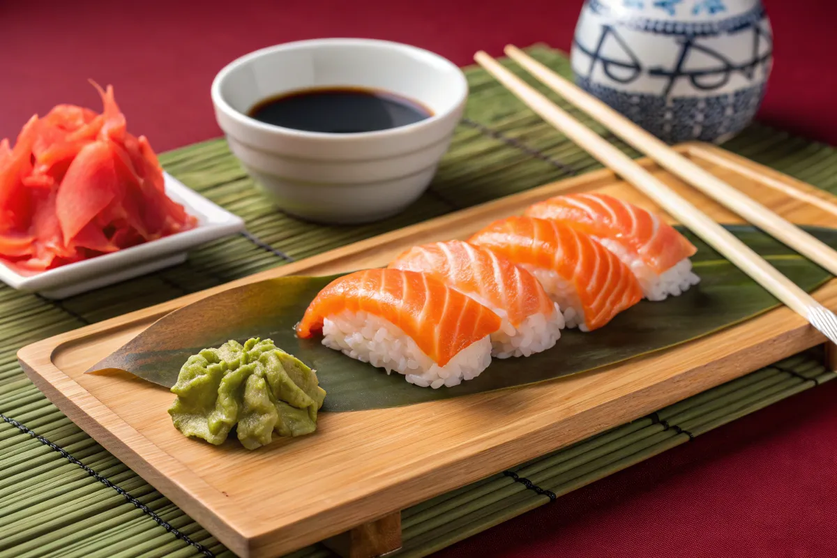 Beautifully plated salmon nigiri with soy sauce and wasabi