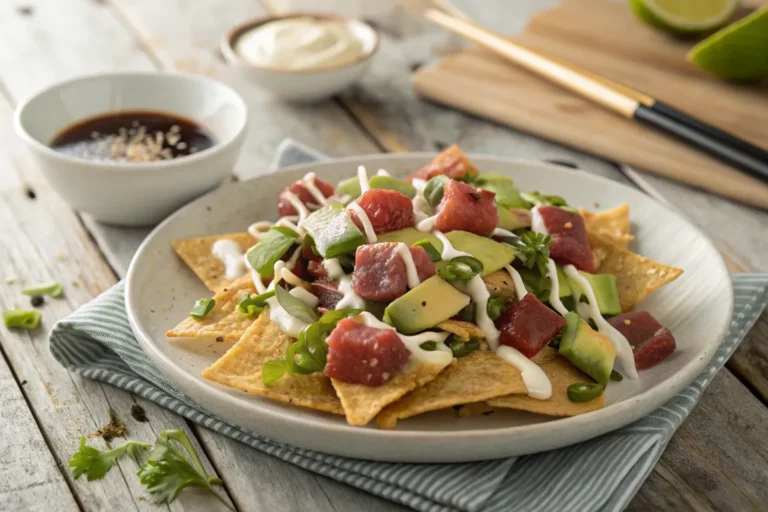 A vibrant plate of poke nachos with ahi tuna, avocado, and sauces