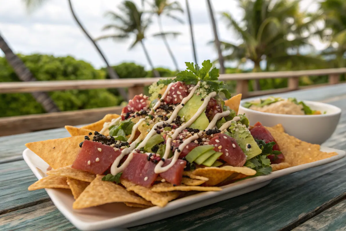 Poke nachos served on a rustic wooden platter