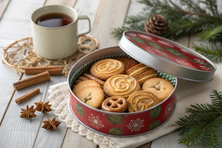 Open tin of Royal Dansk Danish butter cookies surrounded by holiday decorations.