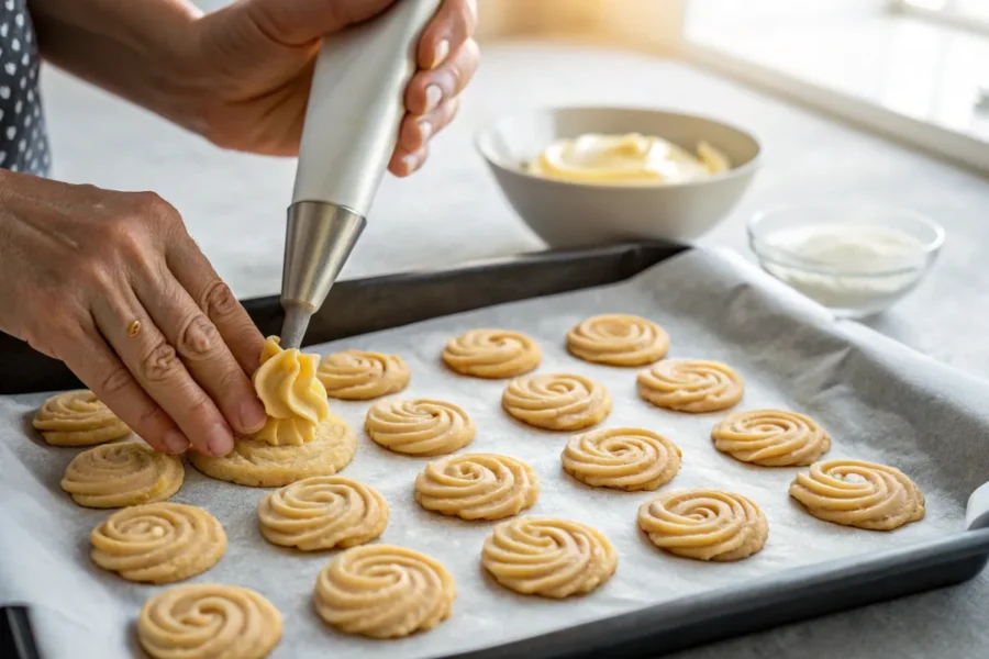 Hands piping Danish butter cookie dough onto a baking sheet.