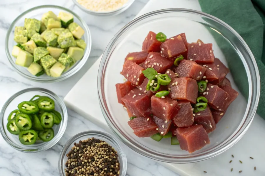 Close-up of ahi tuna and fresh toppings for poke nachos