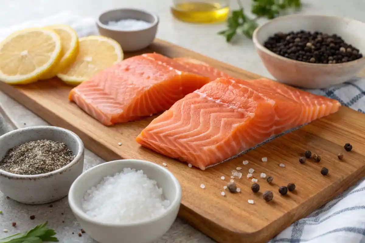 Salmon fillets with brining ingredients arranged on a wooden board