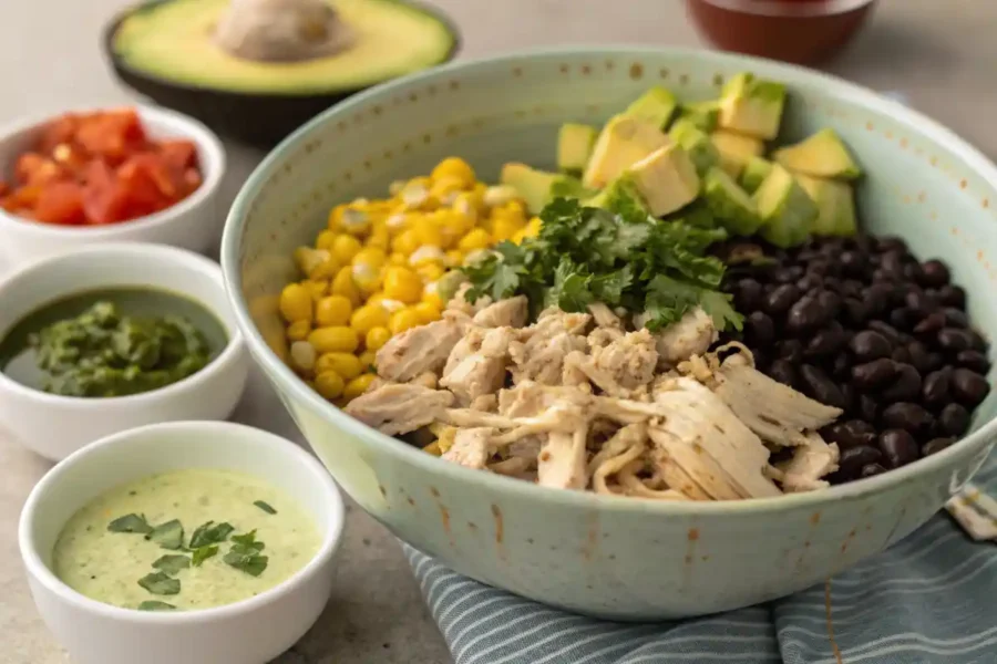 Step-by-step process of assembling Mexican chicken salad with fresh ingredients