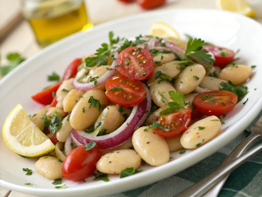 Mediterranean butter bean salad with fresh vegetables.