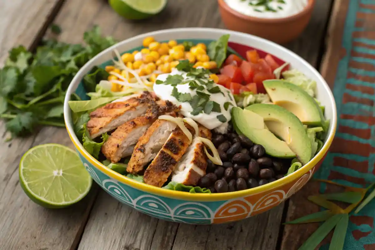 Mexican chicken taco salad bowl with fresh toppings and dressing