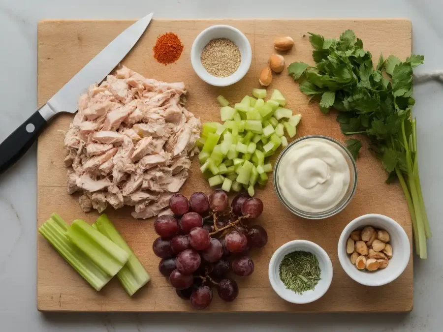 Ingredients for making a classic chicken salad displayed on a cutting board