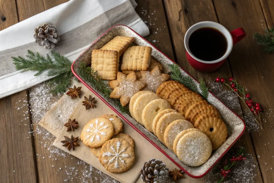 A festive platter of Danish butter cookies, Speculaas, and Kringle slices.