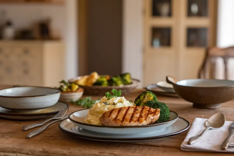 Grilled chicken breast with creamy mashed potatoes and roasted broccoli