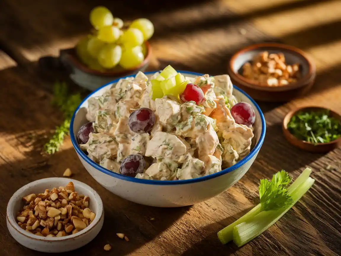 Classic American chicken salad served in a bowl with fresh ingredients on a wooden table