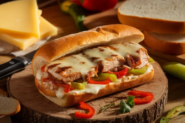 Chicken cheesesteak being prepared with melted cheese and fresh vegetables