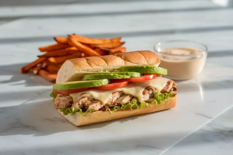 Fresh California chicken cheesesteak with avocado and sweet potato fries