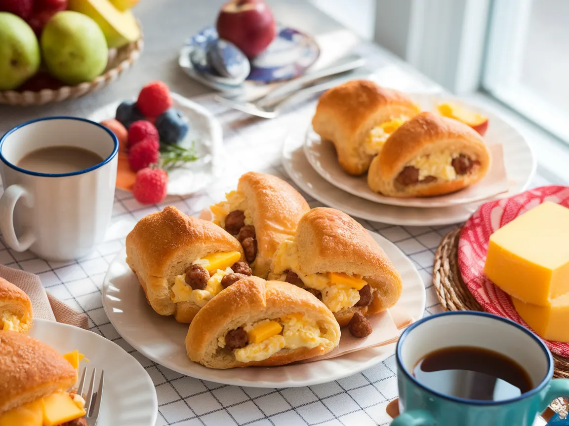 Breakfast table with crescent roll breakfast recipes and coffee