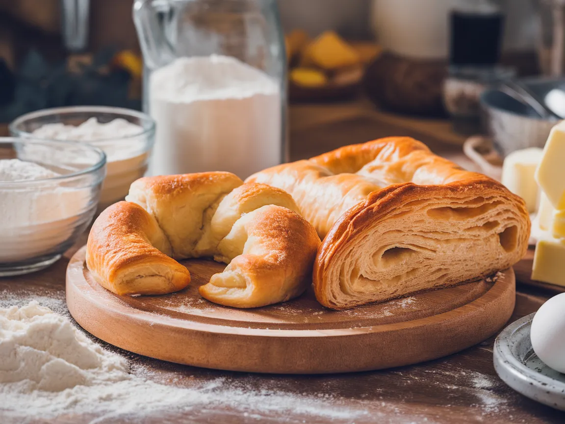 Comparison of crescent rolls and puff pastry on a wooden board