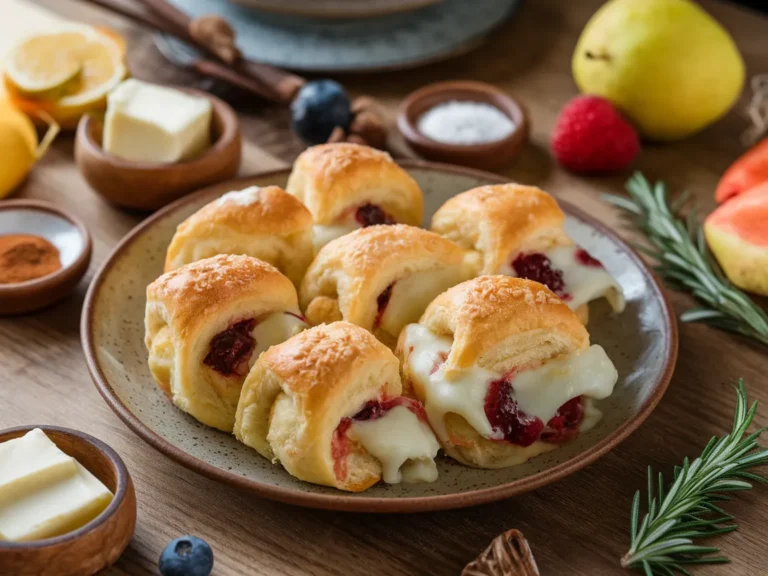 Golden crescent rolls on a rustic plate with filling ingredients.