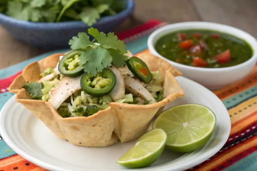 Mexican chicken salad served in a tortilla bowl with garnishes