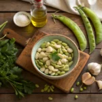 A bowl of cooked butter beans with fresh lima beans in their pods.