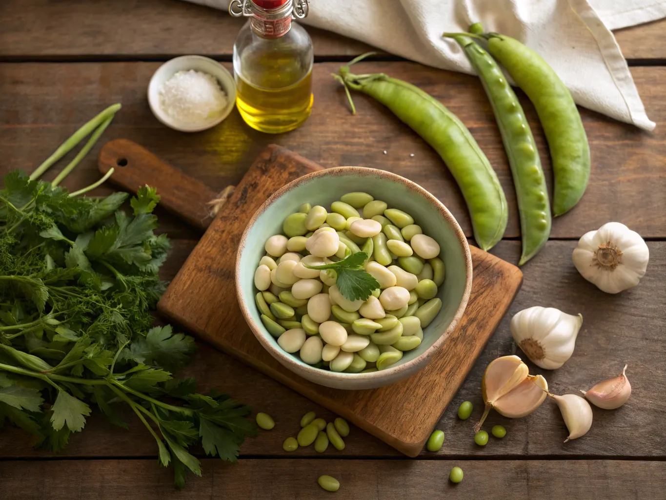 A bowl of cooked butter beans with fresh lima beans in their pods.