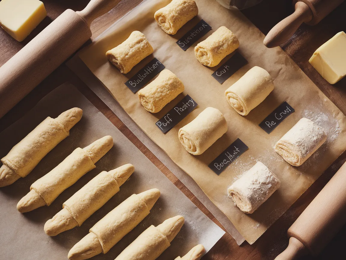 Baking workspace showcasing crescent roll substitutes like biscuit dough and puff pastry.