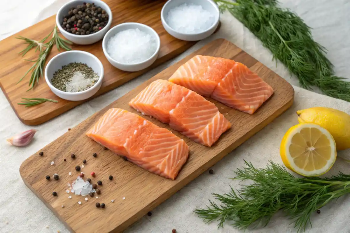 Brined salmon fillets displayed with brining ingredients on a wooden cutting board.