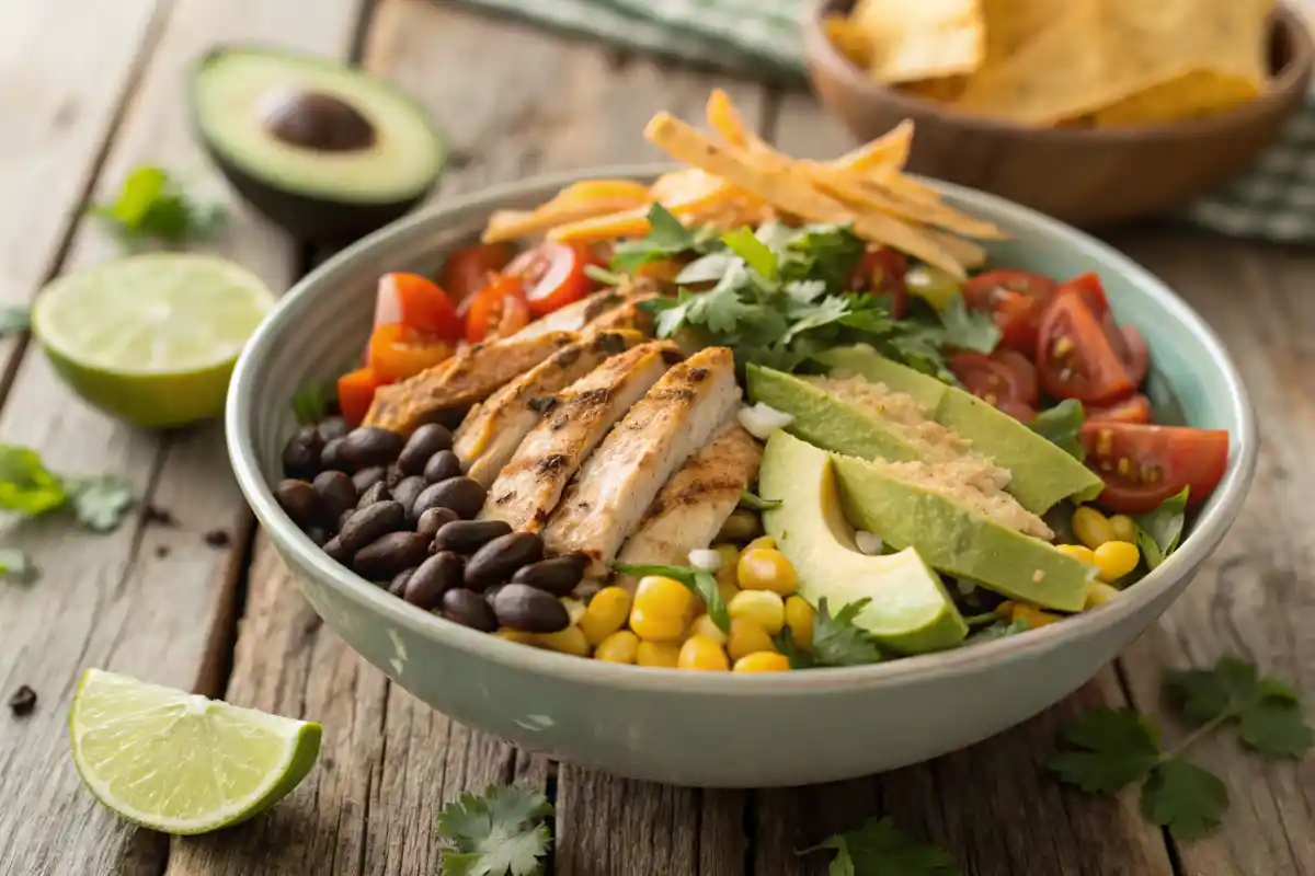 Mexican chicken salad bowl with colorful ingredients and tortilla strips