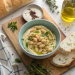 A bowl of butter beans with herbs and olive oil.