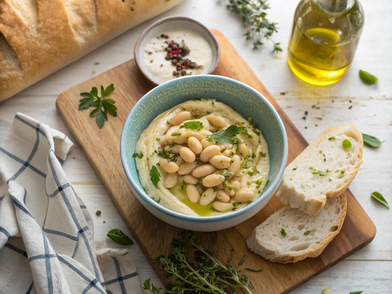 A bowl of butter beans with herbs and olive oil.