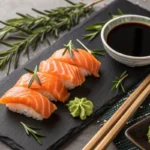 Plated salmon nigiri with soy sauce