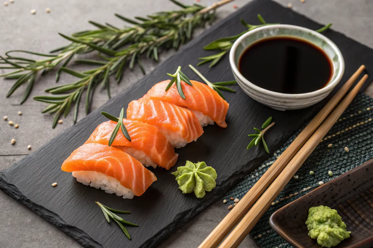 Plated salmon nigiri with soy sauce