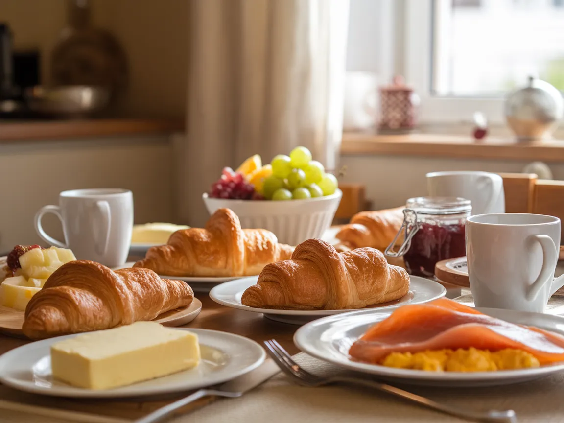 A breakfast table with croissants and assorted toppings