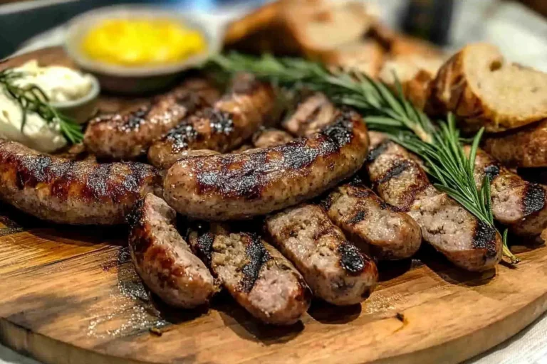 A platter of grilled beef sausages with fresh rosemary and dipping sauces.