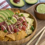 Overhead view of a platter of poke nachos with fresh toppings