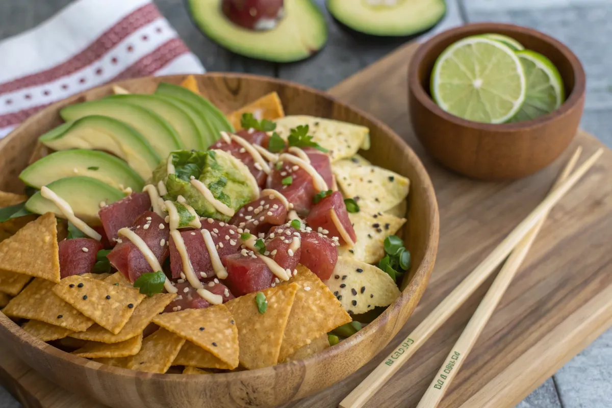 Overhead view of a platter of poke nachos with fresh toppings