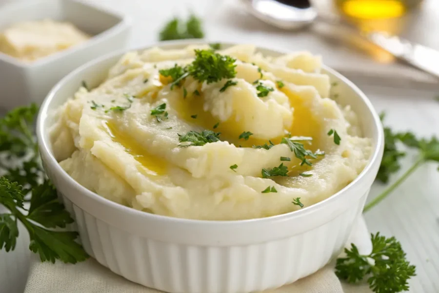 Creamy mashed potatoes with butter and parsley in a white bowl