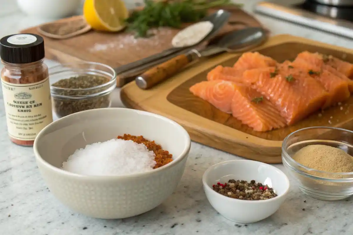 Smoked salmon fillet with brining ingredients on a wooden board